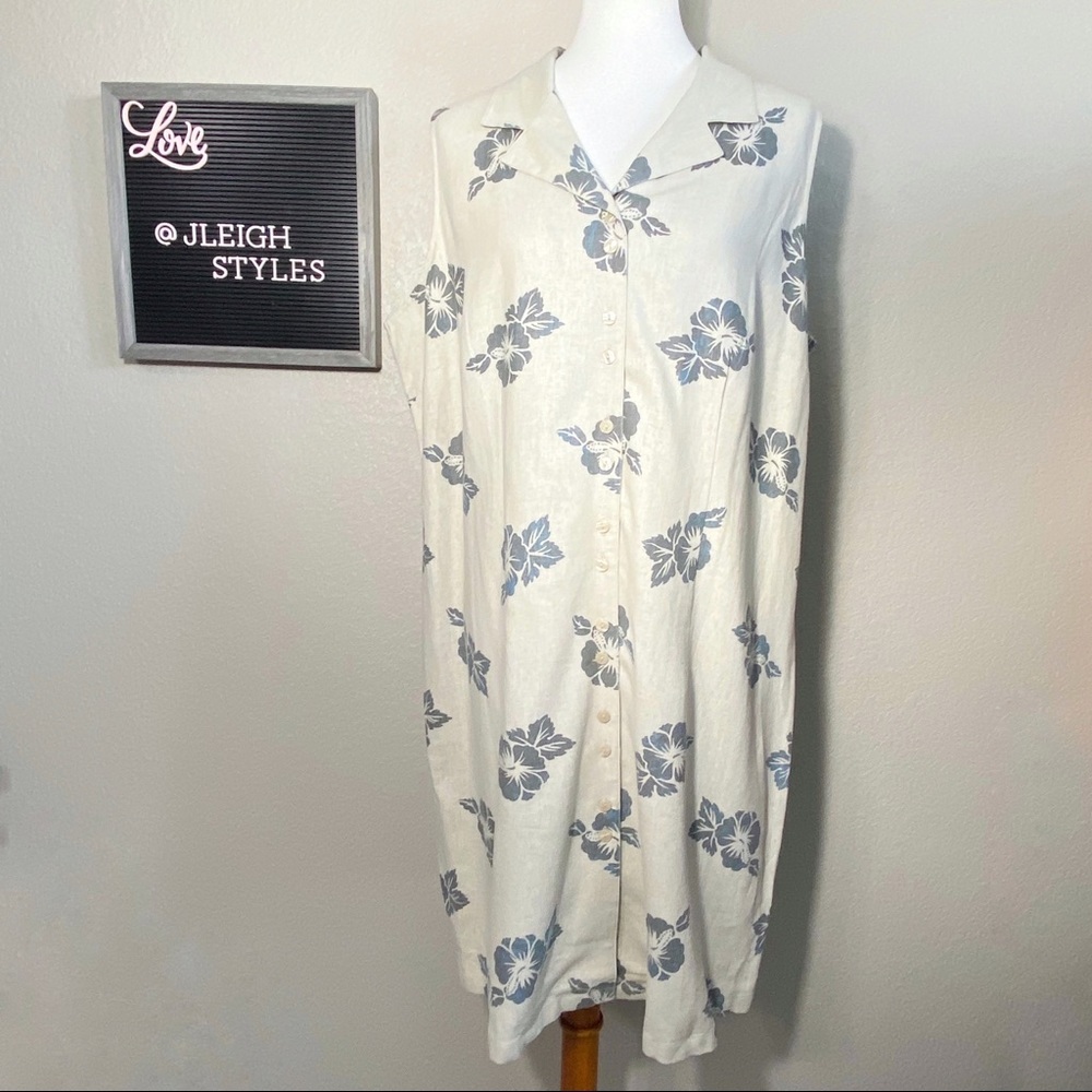 Vintage Sleeveless Linen Blue Floral Print Dress